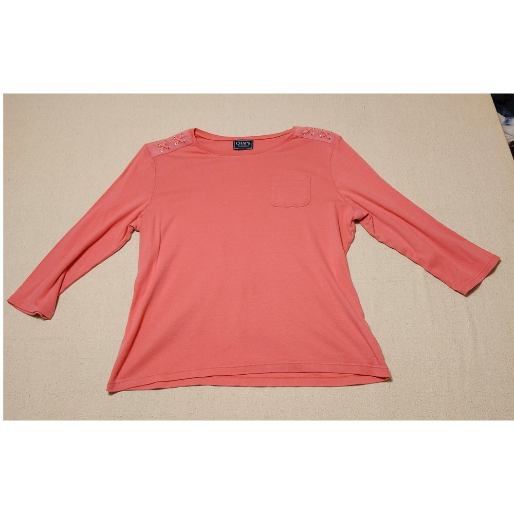 Y2K Chaps Classics Womens XL Coral Pink 3/4 Sleeve Lace Up Shoulder Pocket Top F